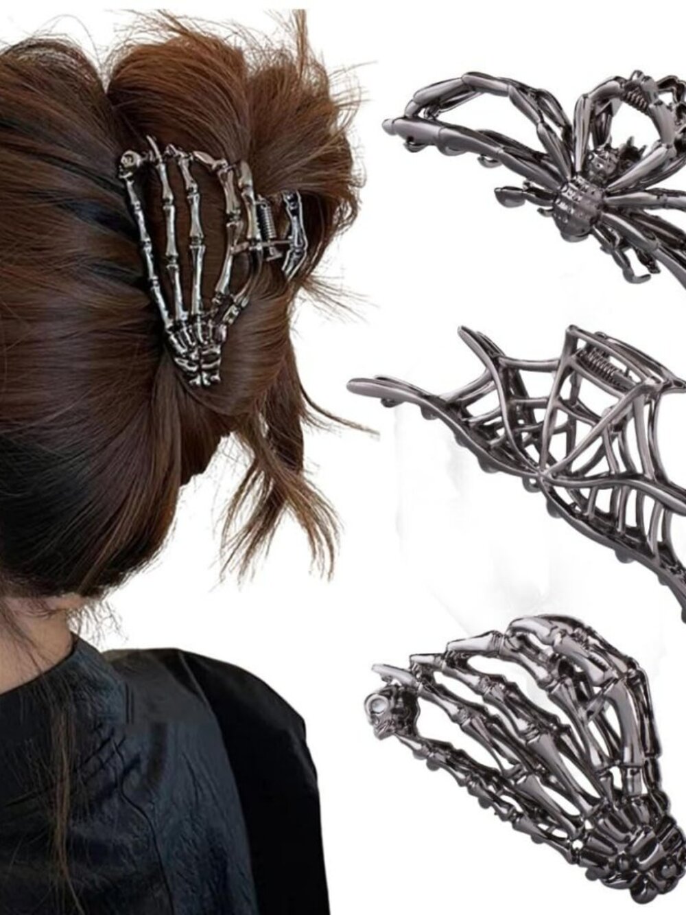 Punk Black Spider Web Skeleton Hand Skull Hair Claw Clips Barrette Headband Hobo